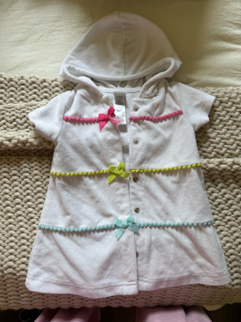 Hooded Baby terry cloth swim Cover-Up with Pink, Yellow & Aqua Trim 12m